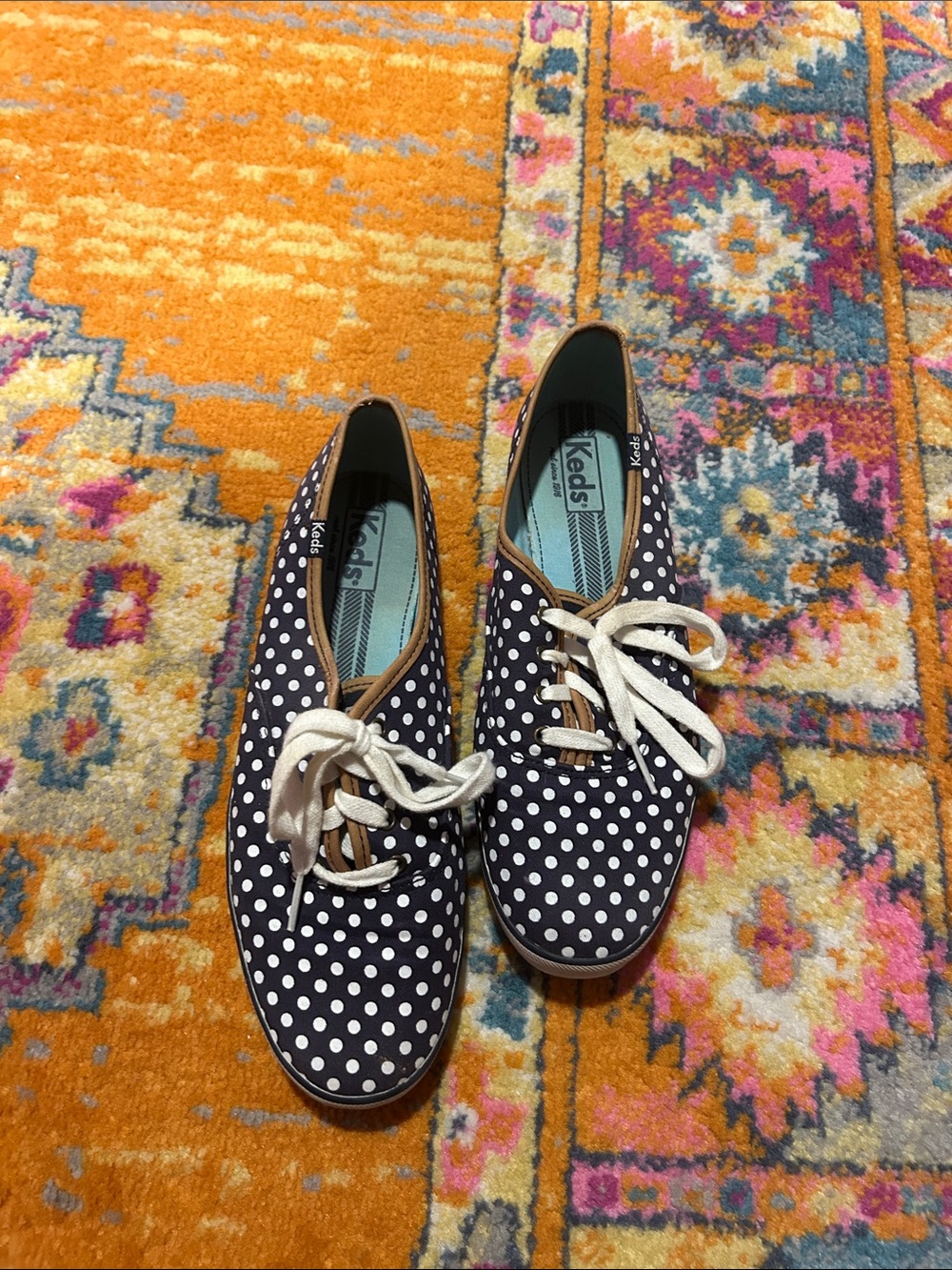 Keds Navy Polka Dot Lace-Up Sneakers with Tan Trim